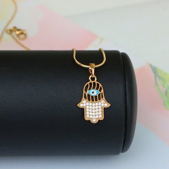 "Rose Gold Hamsa Hand Pendant with Evil Eye and Crystal Accents, XPPT1609 - Picture 12 of 13